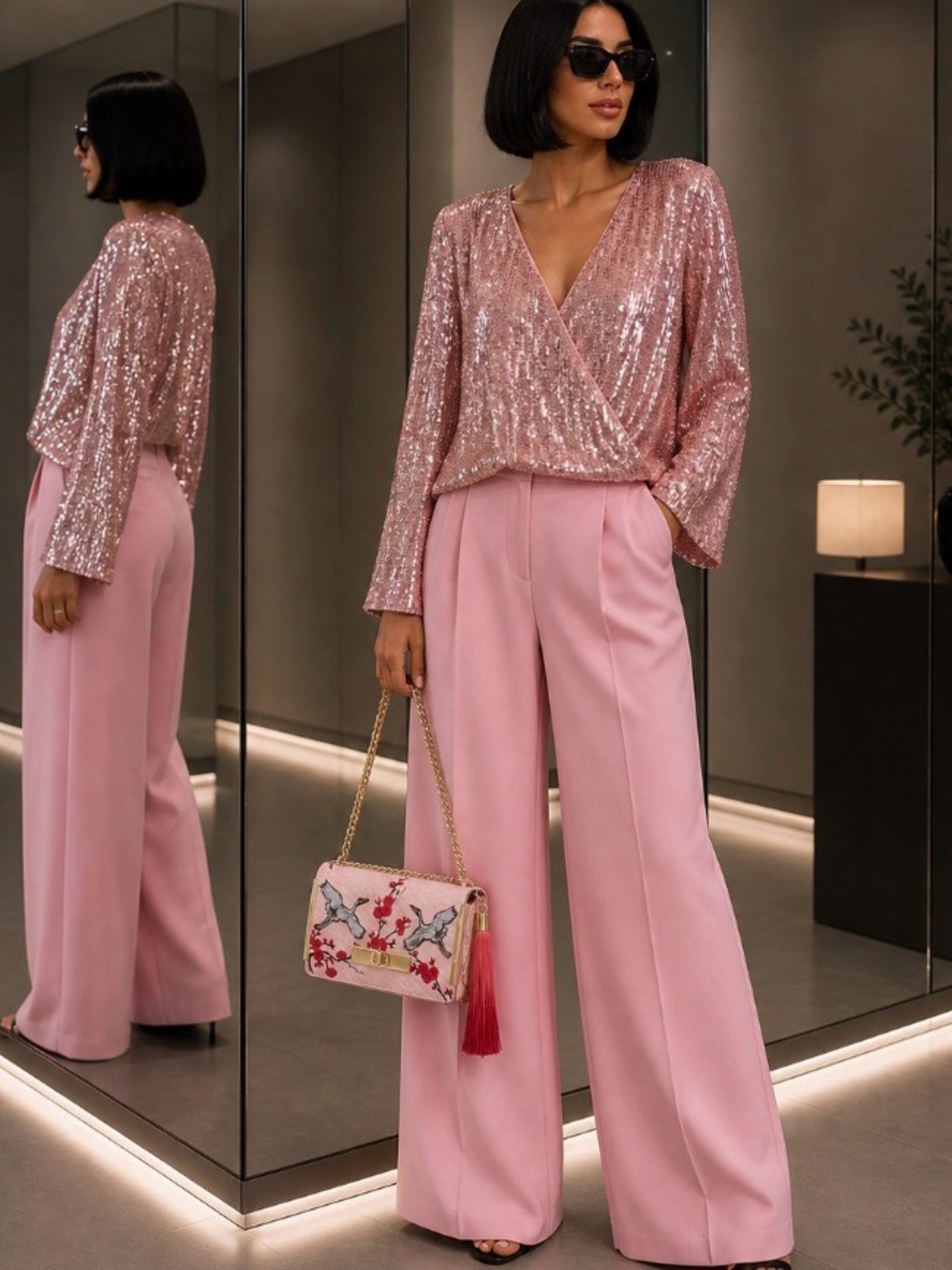PrettyLittleThing Pink Sequin Wrap-Front Long Sleeve Top